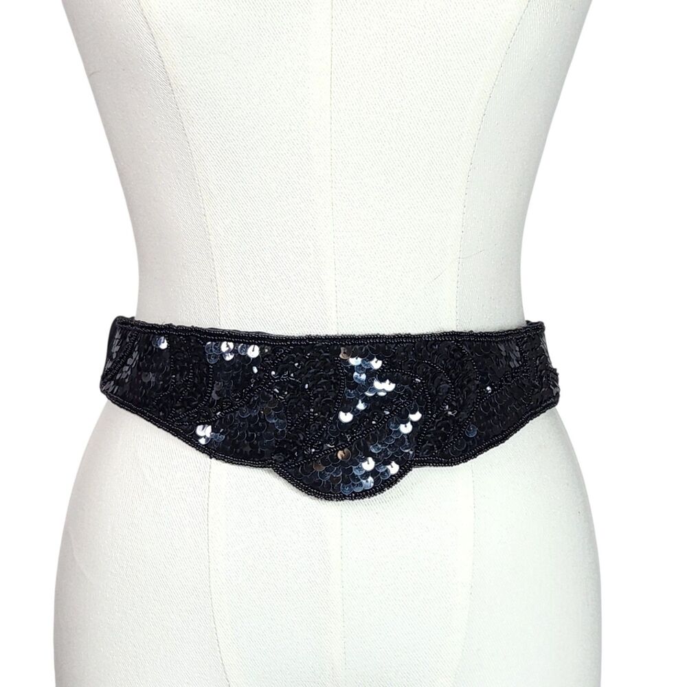 Black Sequin Cummerbund Statement Belt Elasticized Retro Glam OS Art Deco Style